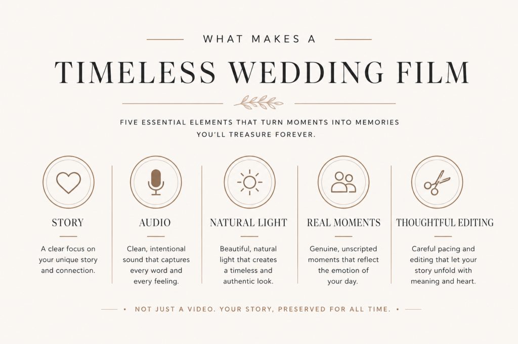 Infographic highlighting the five essential elements of a timeless wedding film: story, audio, natural light, real moments, and thoughtful editing.